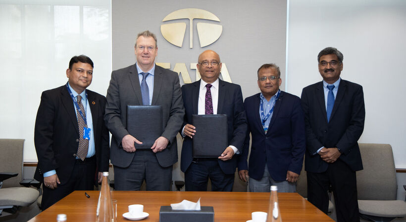 Representatives from Primetals Technologies and Tata Steel during the signing ceremony. From left to right: Biswadeep Bhattacharjee, vice president sales and head of green steel India, Norbert Petermaier, executive vice president, sales, both with Primetals Technologies, Avneesh Gupta, vice president, TQM and Engineering & Projects, Tata Steel Limited, Ashish Anupam, managing director, Tata Steel Long Products Limited, and Prabhat Kumar, PEO, Tata Steel Limited.