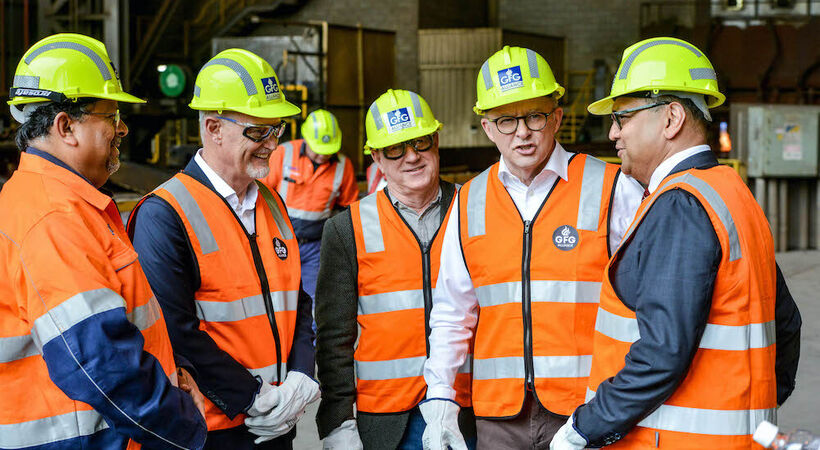 Prime Minister Albanese tours Liberty Whyalla's caster facility with GFG Alliance Executive Dak Patel (far right) and Theuns Viktor (second from left)