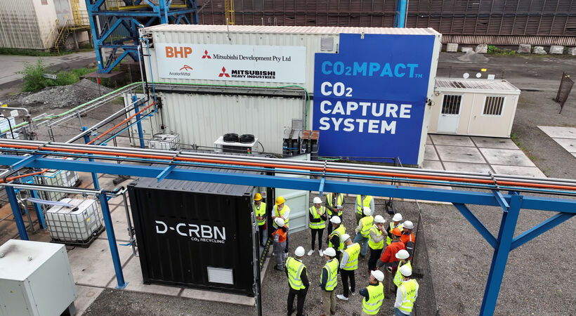 Members of the project team from ArcelorMittal, D-CRBN and Mitsubishi Heavy Industries recently visiting the pilot plant in Gent, Belgium.