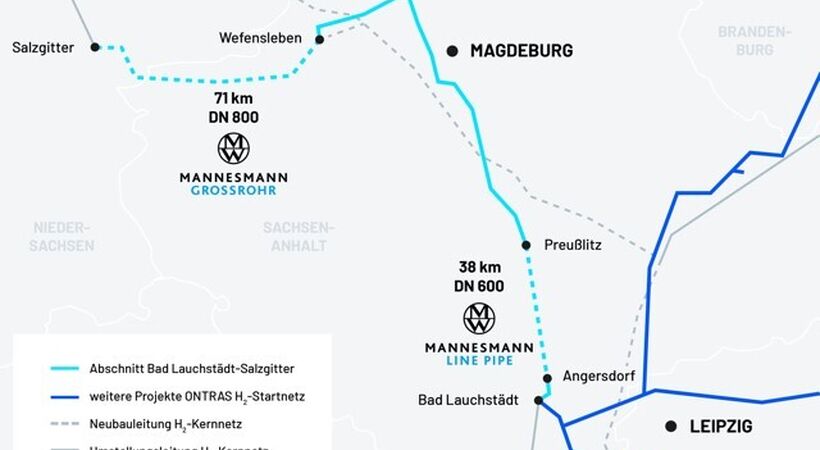 Mannesmann Grossrohr GmbH and Mannesmann Line Pipe GmbH are supplying the pipes for the section of the hydrogen network between Wefensleben and Salzgitter, as well als between Angersdorf und Preußlitz.